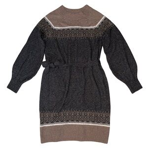 Lucky Brand Fair Isle Grey and Brown Long Sleeve Dress Belted Waist Cozy Winter